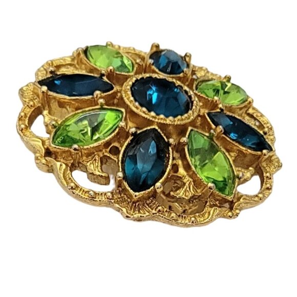 1928 Brand Green, Blue Resin Rhinestone Gold Tone Round Filigree Brooch L24 - Picture 5 of 9